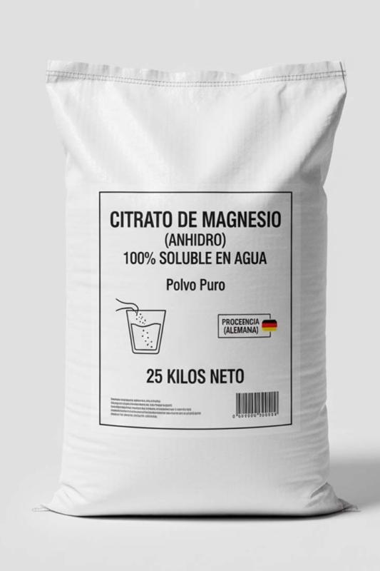 Citrato de Magnesio (Anhidro) Puro en Polvo (25 kg) - 100% Soluble en Agua - Origen Alemán